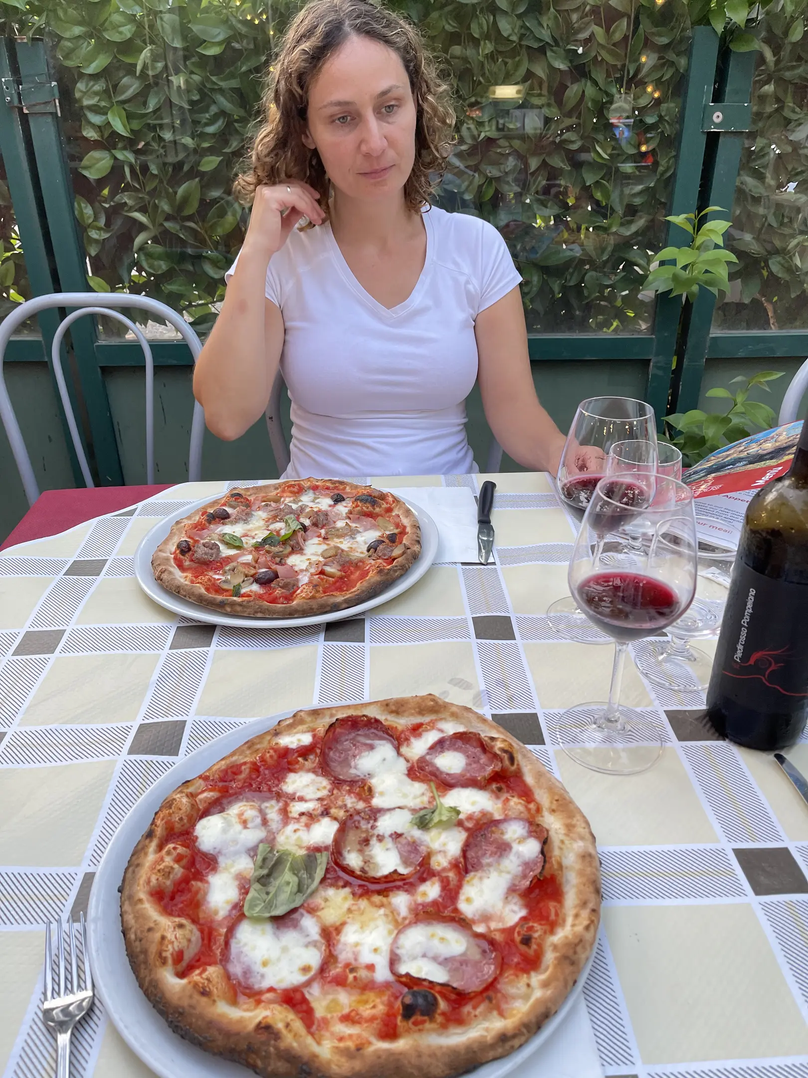 pizza(0.94), pizza(0.91), person(0.91), wine glass(0.91), dining table(0.84), bottle(0.81), fork(0.80), chair(0.77)