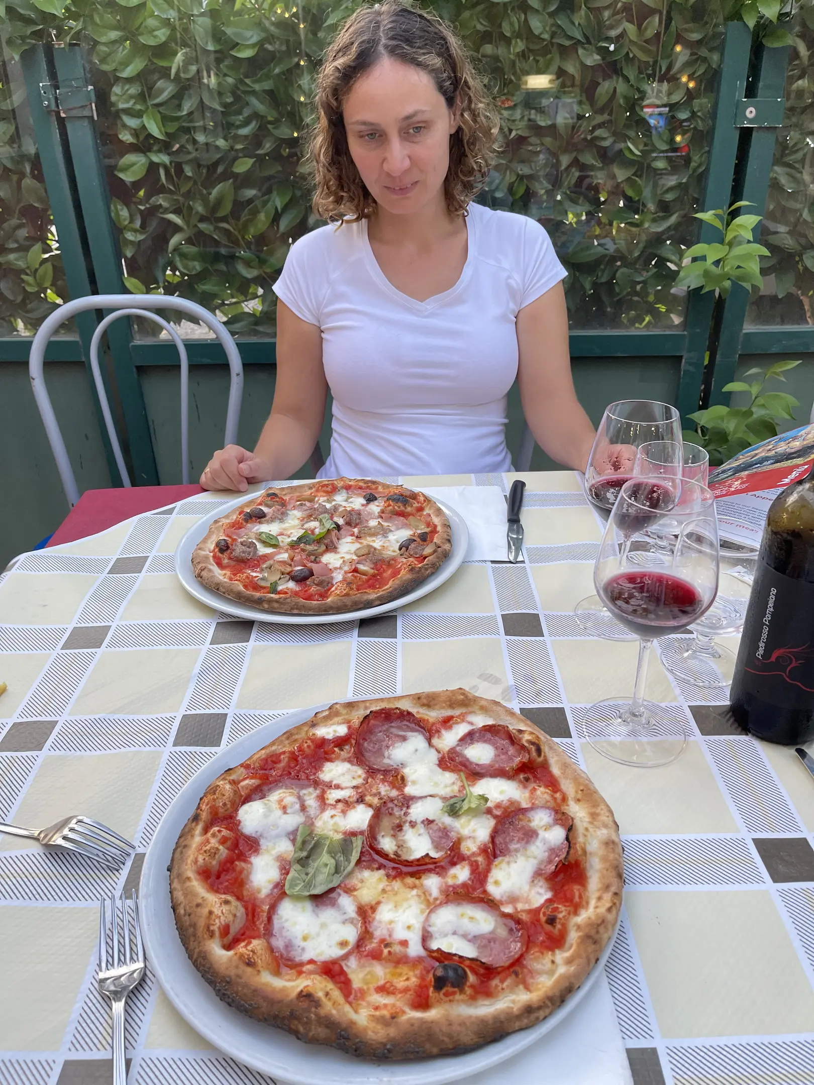 pizza(0.92), person(0.92), wine glass(0.92), dining table(0.91), pizza(0.90), chair(0.89), bottle(0.57)